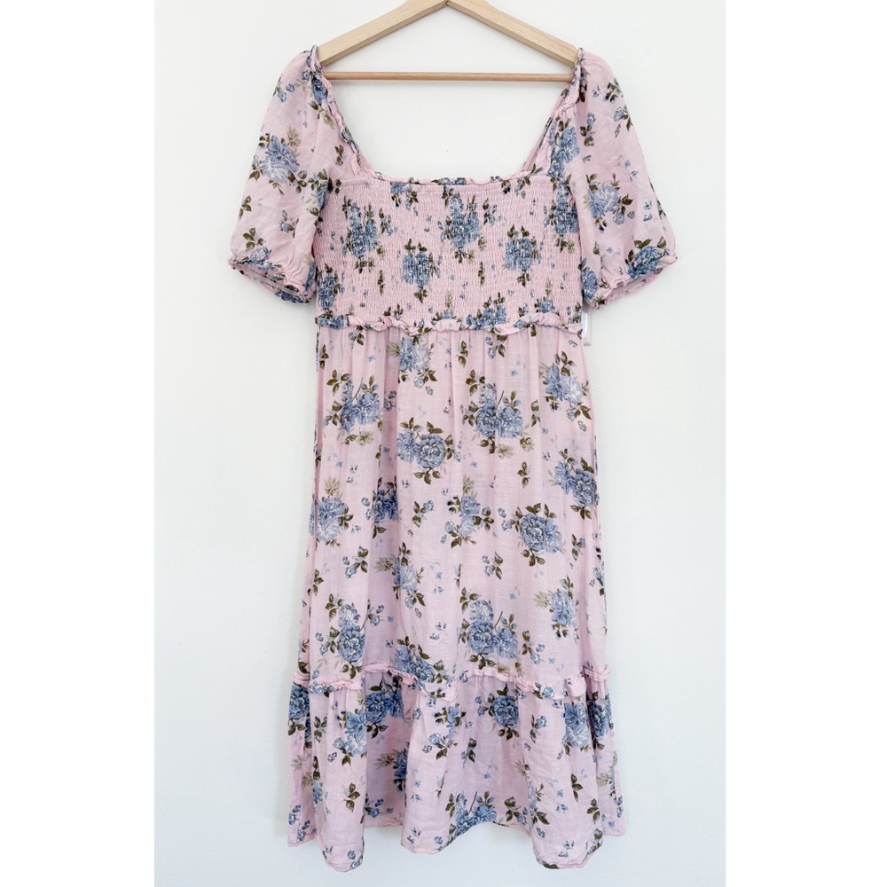 Gal Meets Glam || Isabel Smocked Puff Sleeve Midi Dress Floral‎ Pink Blue 6